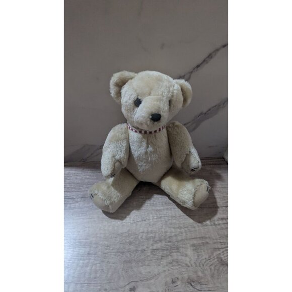 Vintage Beige Teddy Bear W/ Red & White Striped Collar Plush Toy Collectible 12" - Picture 5 of 7